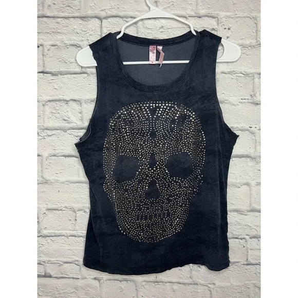 Dolled Up Tops - Dolled Up by FANG Womens Sleeveless Studded Skull Tank (M) NAVY